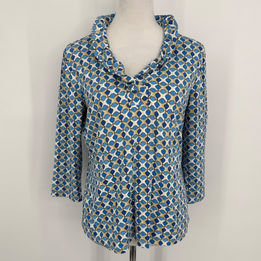 J.McLaughlin Top Large Blue Geometric Print 3/4 Sleeve V-Neck Nautical Preppy